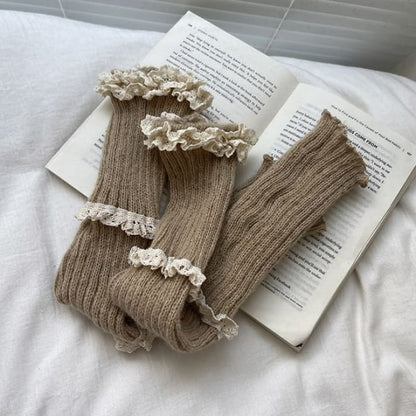 Lace Trim Knit Leg Warmers - Khaki / One Size