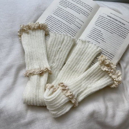 Lace Trim Knit Leg Warmers - White / One Size