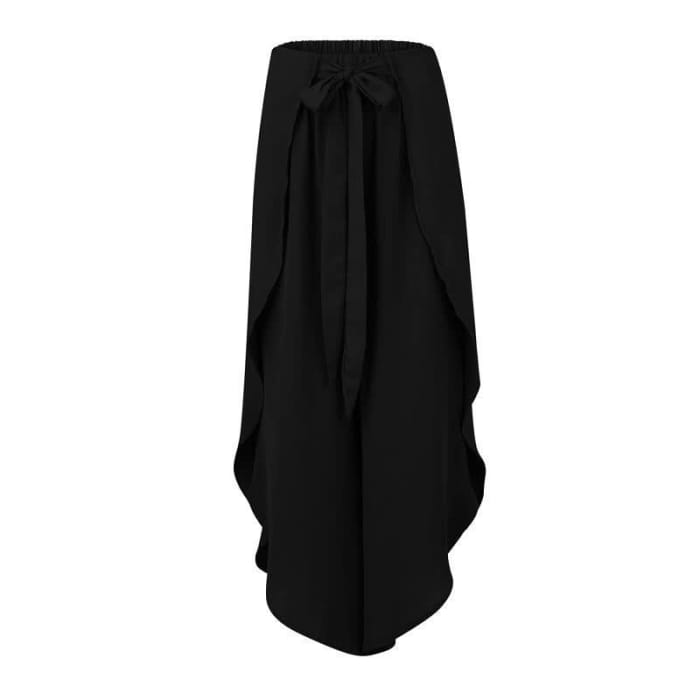 Lace Up Flowy Split Wide Leg Casual Pants - Black / S