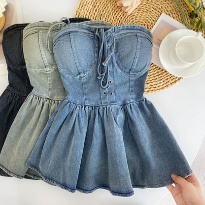 Lace-Up Peplum Denim Bustier Top