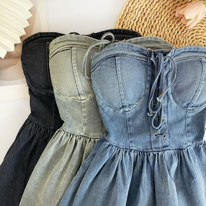 Lace-Up Peplum Denim Bustier Top