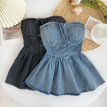 Lace-Up Peplum Denim Bustier Top