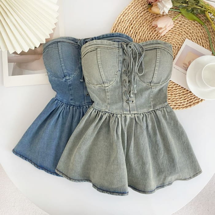 Lace-Up Peplum Denim Bustier Top