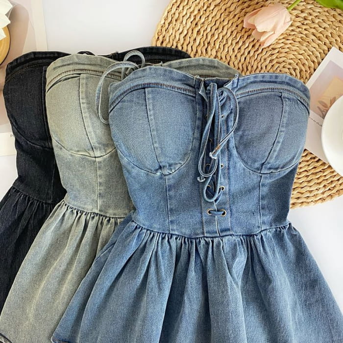 Lace-Up Peplum Denim Bustier Top