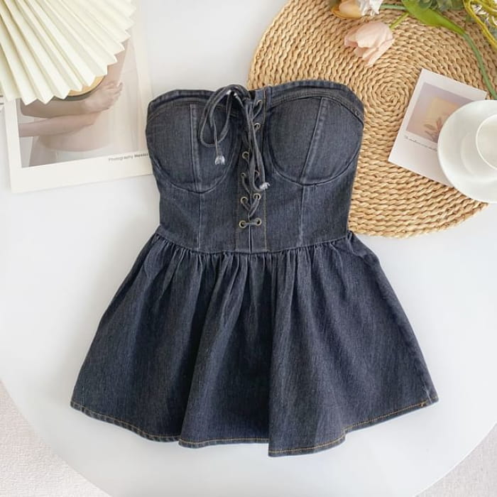 Lace-Up Peplum Denim Bustier Top - Dark Gray / One Size