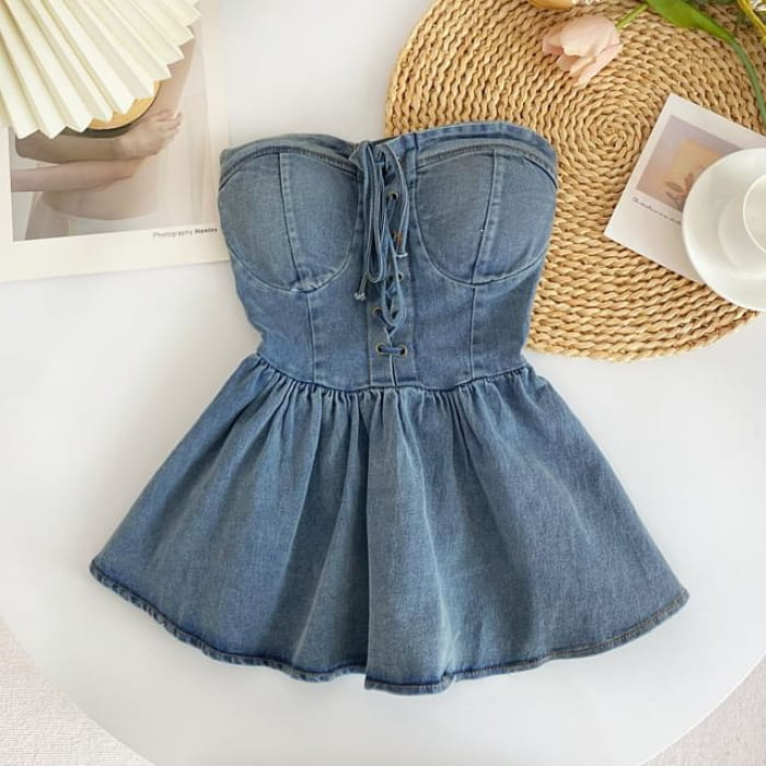 Lace-Up Peplum Denim Bustier Top - Light Blue / One Size