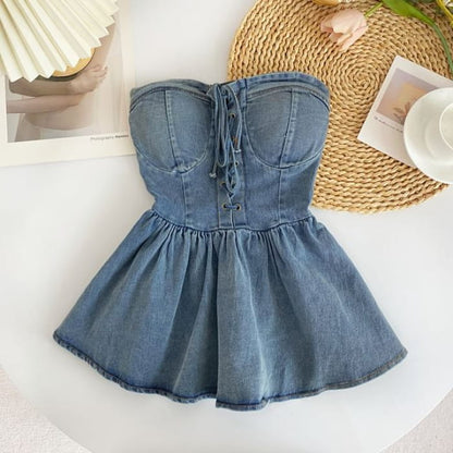 Lace-Up Peplum Denim Bustier Top - Light Blue / One Size