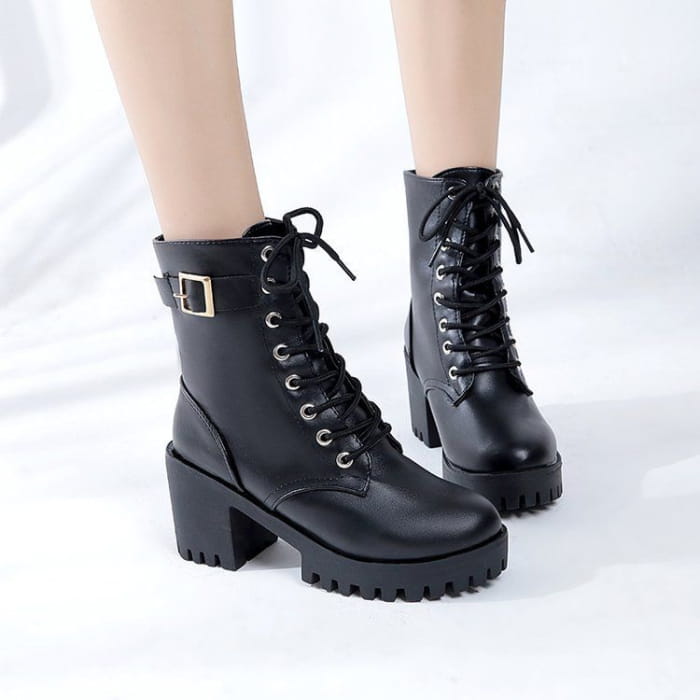 Lace Up Platform Block Heel Short Boots