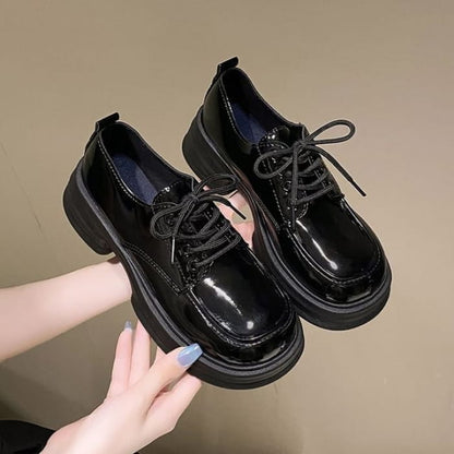 Lace-Up Platform Chunky Heel Derby Shoes - Patent - Black