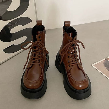 Lace-Up Platform Short Boots - Brown / 35 - Shoes