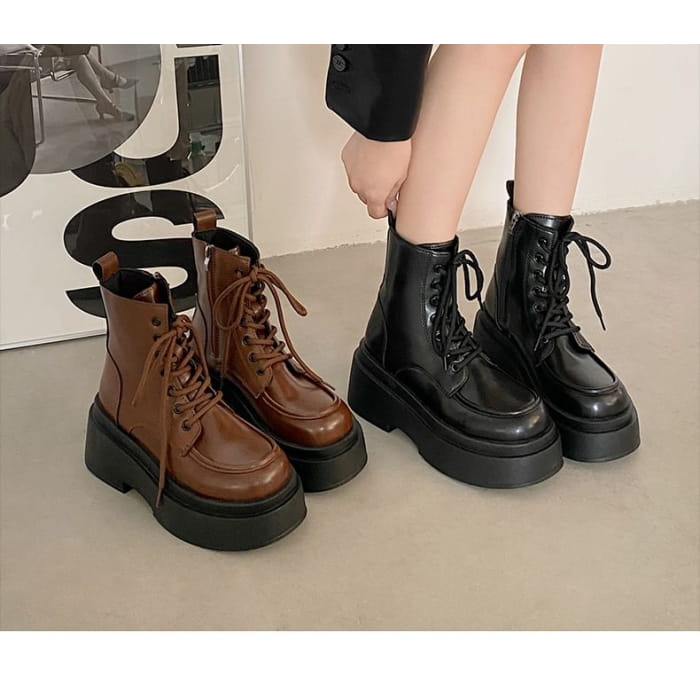 Lace-Up Platform Short Boots - Shoes