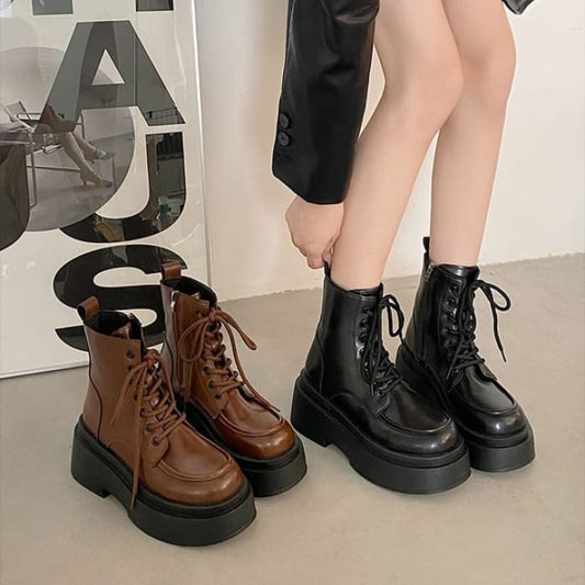 Lace-Up Platform Short Boots - Shoes