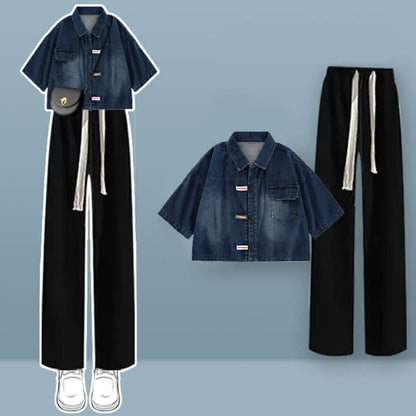 Lapel Denim T-Shirt Drawstring Pants Set