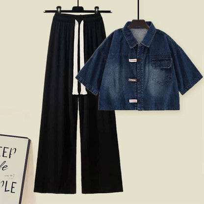 Lapel Denim T-Shirt Drawstring Pants Set - M