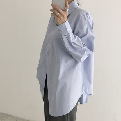 Lapel Pure Color Long Sleeve Loose Shirt Workwear