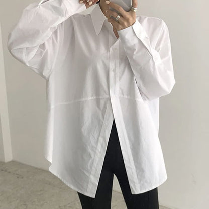 Lapel Pure Color Long Sleeve Loose Shirt Workwear