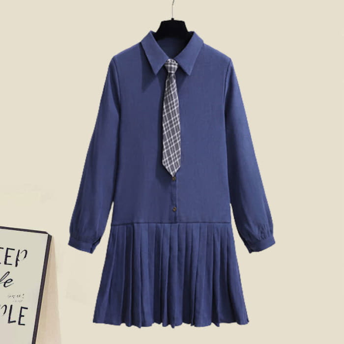Lapel Tie Pleated Shirt Dress Rhombus Print Vest Set - Blue