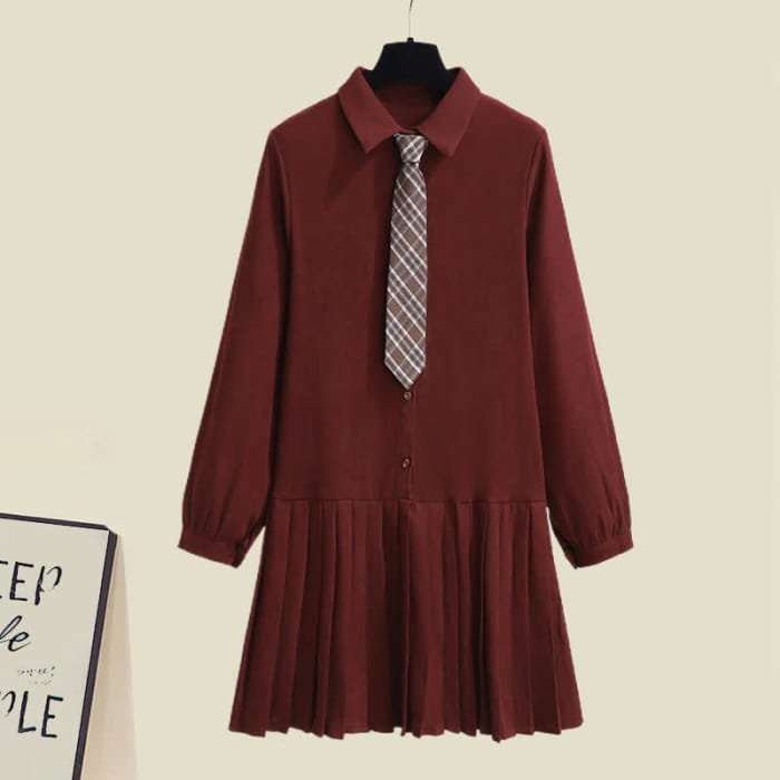 Lapel Tie Pleated Shirt Dress Rhombus Print Vest Set - Red
