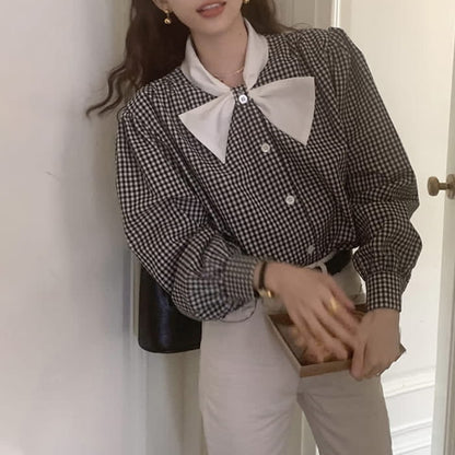 Lattice Print Bow Tie Puff Sleeve Shirt Workwear