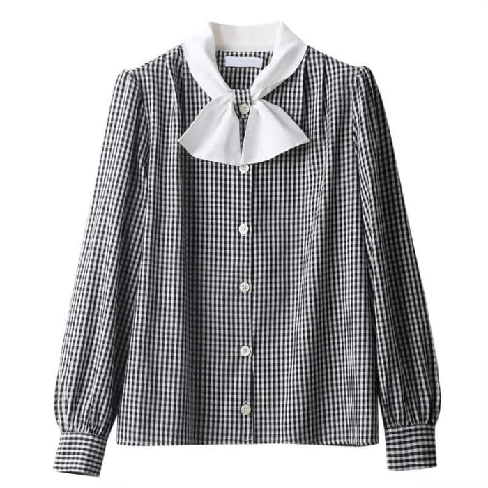 Lattice Print Bow Tie Puff Sleeve Shirt Workwear - Black / M