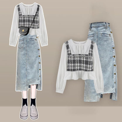 Lattice Print Shirt Fishtail Denim Skirt Set - C / M