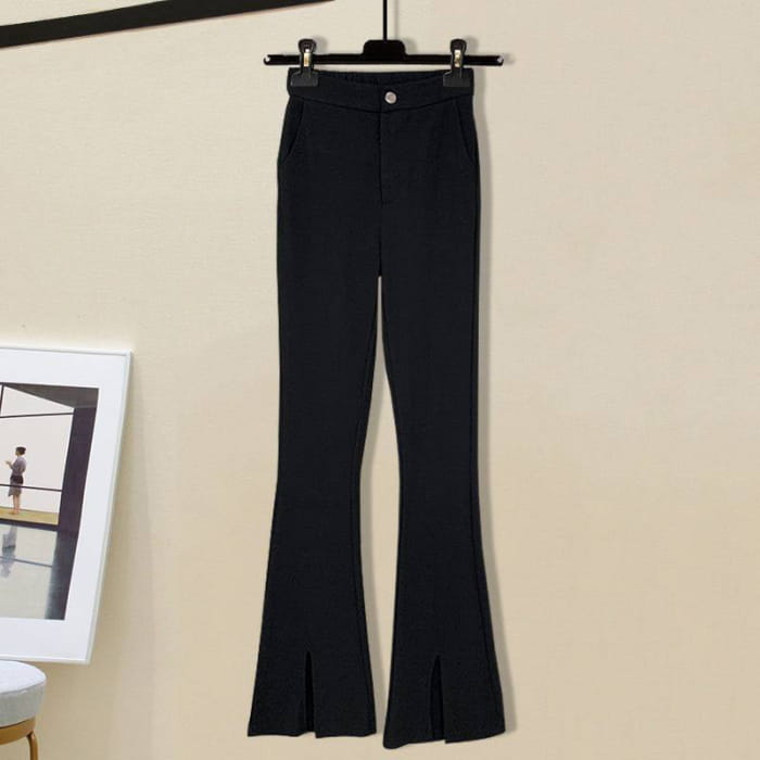Lattice Print Sweater Split Pants Casual Set - Black / M