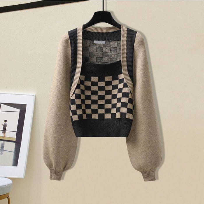 Lattice Print Sweater Split Pants Casual Set - Coffee / M