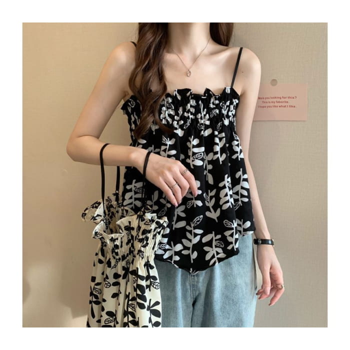 Leaf Print Asymmetrical Flowy Cami Top