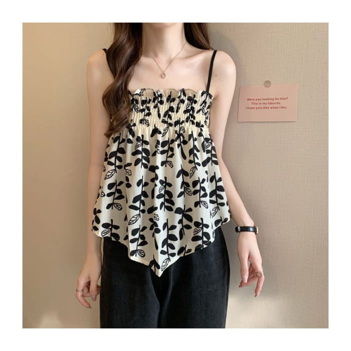 Leaf Print Asymmetrical Flowy Cami Top