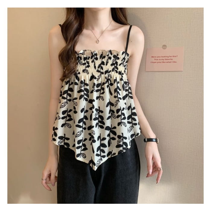 Leaf Print Asymmetrical Flowy Cami Top