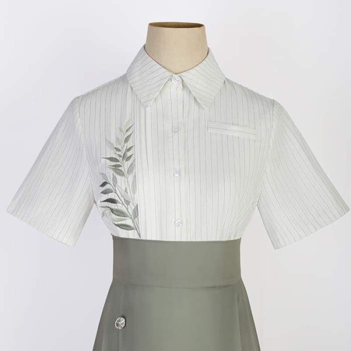 Leaf Print Shirt High Waist Skirt