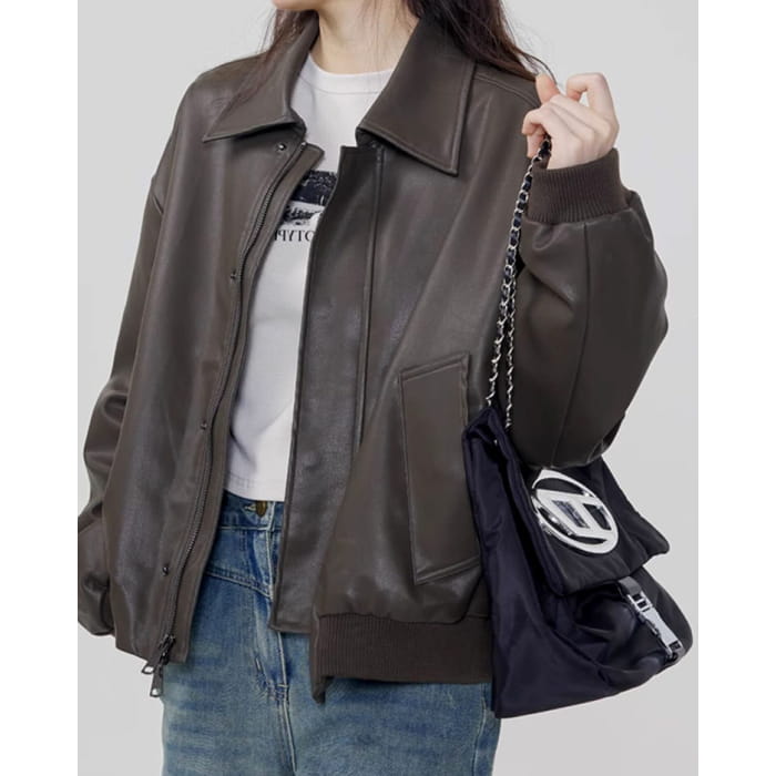 Leather Bomber Jacket - Jackets