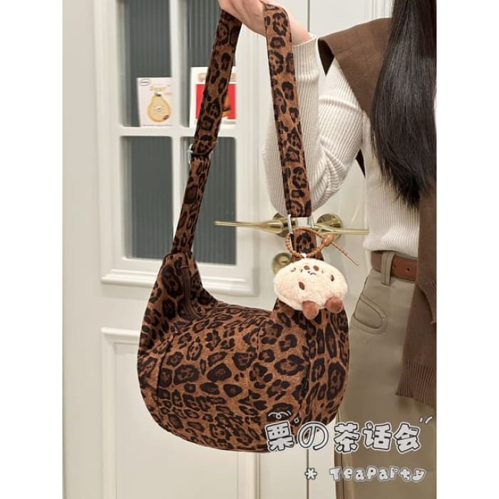 Leopard Print Crossbody Bag - With Bean Charm - Camel