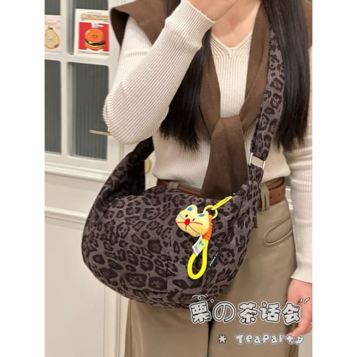 Leopard Print Crossbody Bag - With Cat Charm - Gray