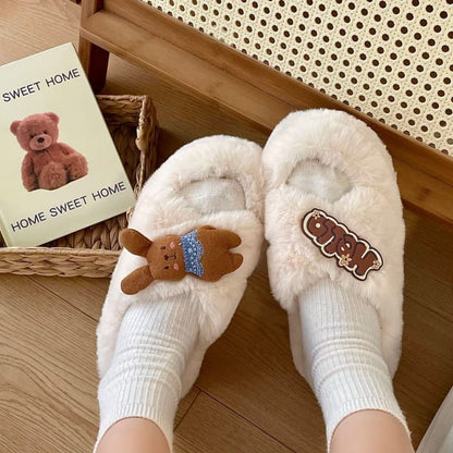 Letter Applique Fluffy Platform Slippers