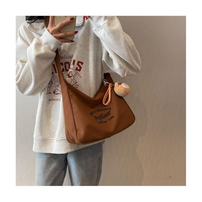 Letter Embroidered Canvas Crossbody Bag