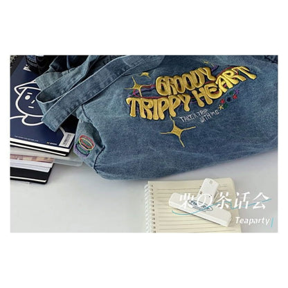 Letter Embroidered Denim Tote Bag / Charm / Set