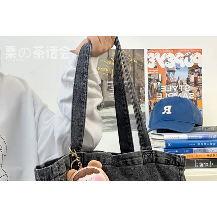 Letter Embroidered Denim Tote Bag / Charm / Set