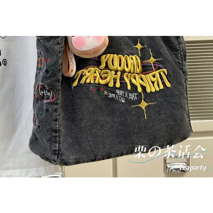 Letter Embroidered Denim Tote Bag / Charm / Set