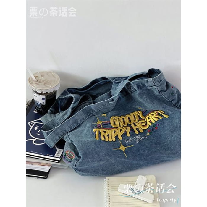 Letter Embroidered Denim Tote Bag / Charm / Set - Blue