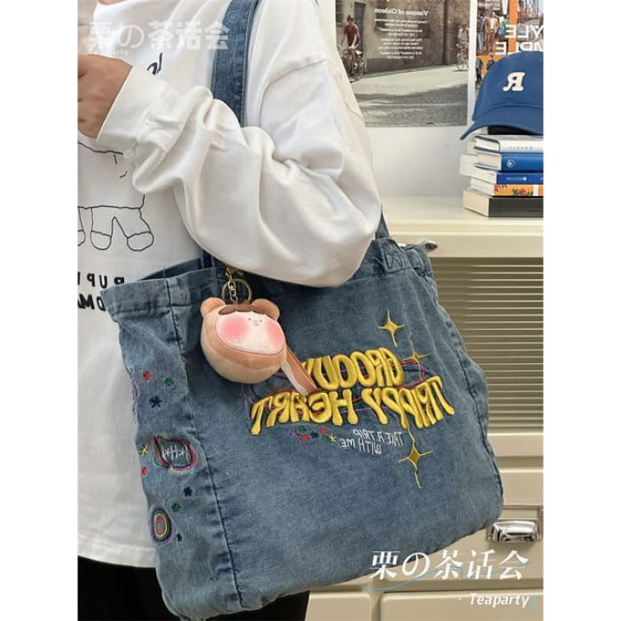 Letter Embroidered Denim Tote Bag / Charm / Set