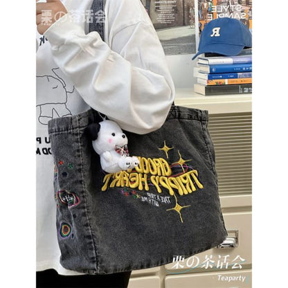 Letter Embroidered Denim Tote Bag / Charm / Set - With Dog