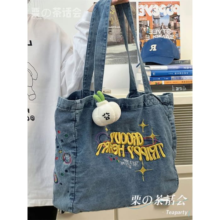 Letter Embroidered Denim Tote Bag / Charm / Set