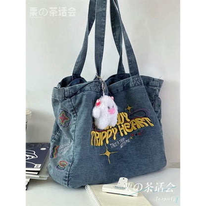 Letter Embroidered Denim Tote Bag / Charm / Set - With Horn