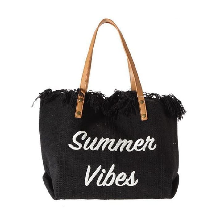 Letter Embroidered Fringed Trim Tote Bag - Black / One Size