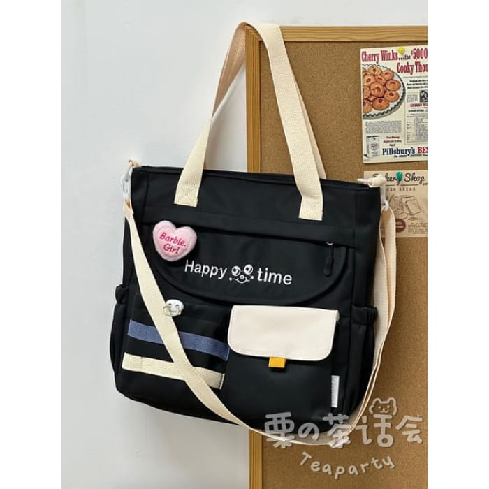 Letter Embroidered Multi-Pocket Tote Bag / Backpack / Charm