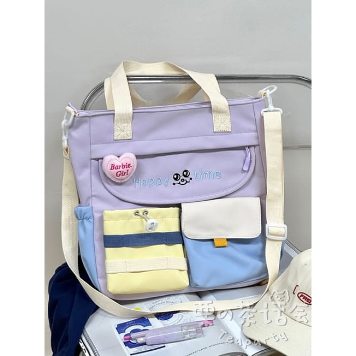 Letter Embroidered Multi-Pocket Tote Bag / Backpack / Charm