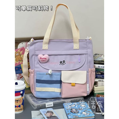 Letter Embroidered Multi-Pocket Tote Bag / Backpack / Charm