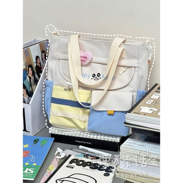 Letter Embroidered Multi-Pocket Tote Bag / Backpack / Charm