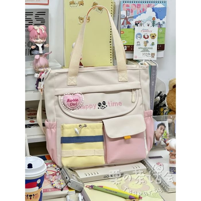 Letter Embroidered Multi-Pocket Tote Bag / Backpack / Charm